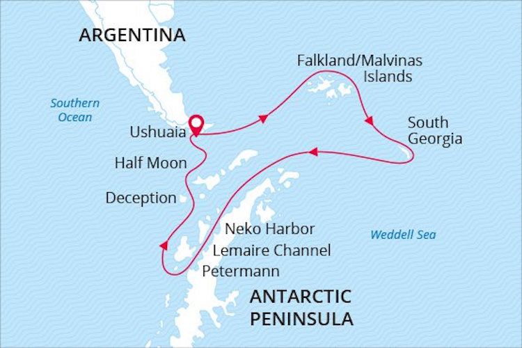 Ultimate Wildlife; Falklands, South Georgia & Antarctica route map