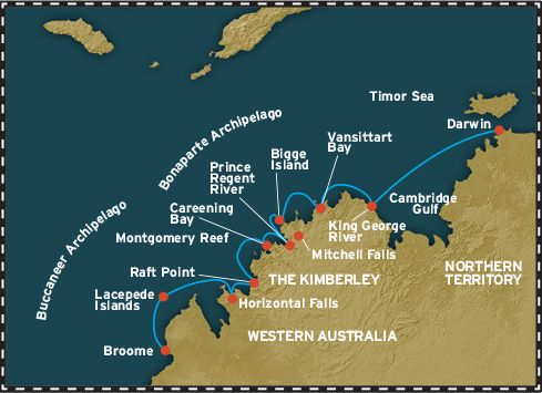 Coral Adventurer's Sacred Kimberley (Broome to Darwin) route map