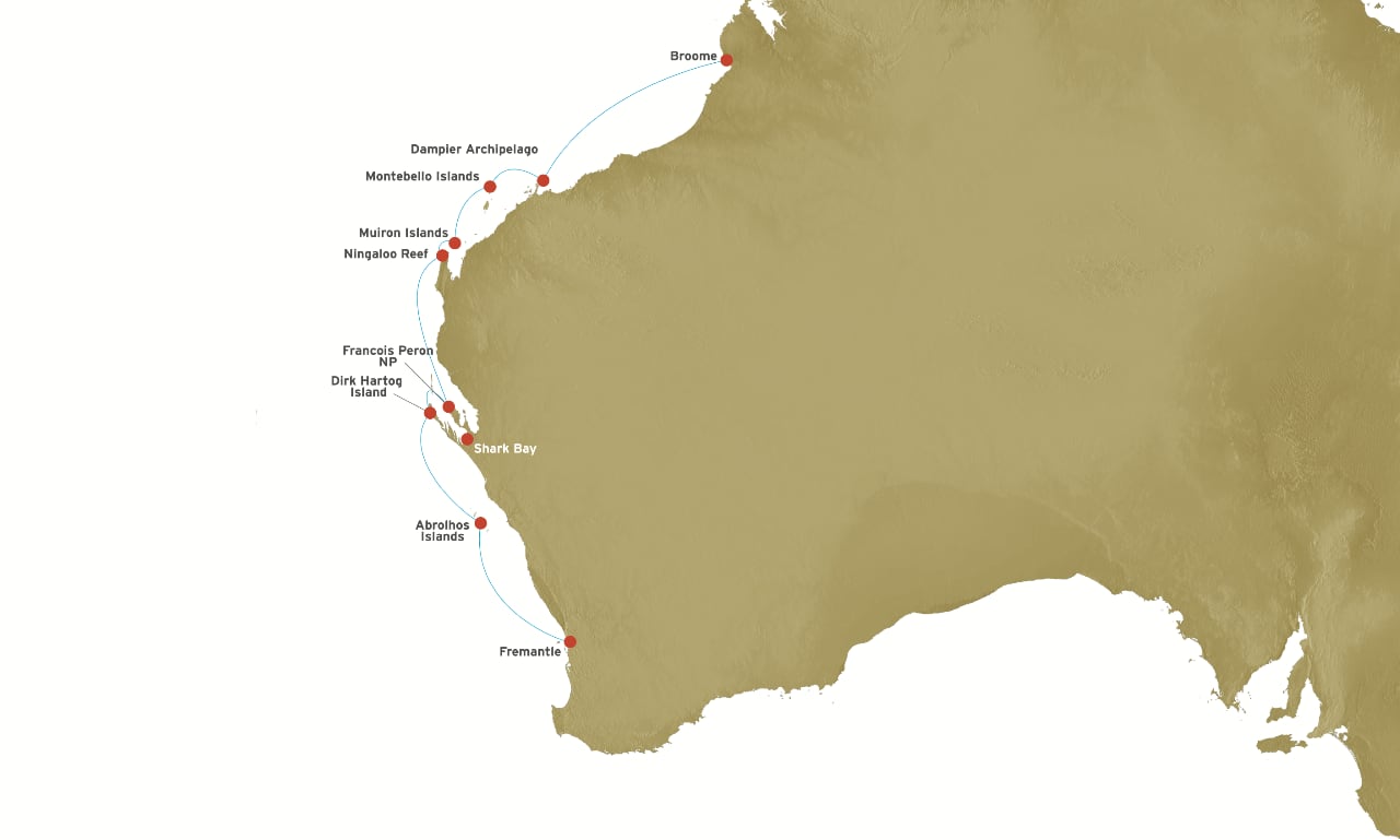Coral Coast & Abrolhos Islands route map