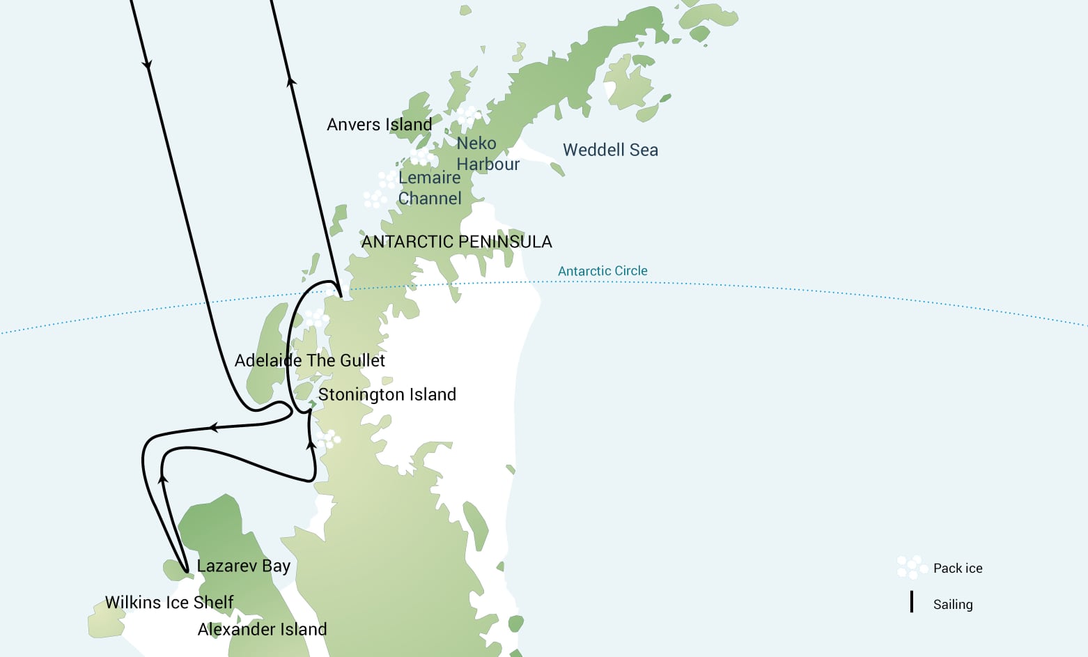 Beyond the Antarctic Circle - Wilkins Ice Shelf route map