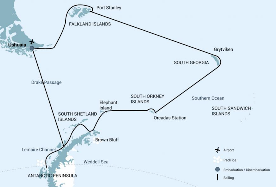 Falklands, South Georgia & The Polar Circle route map