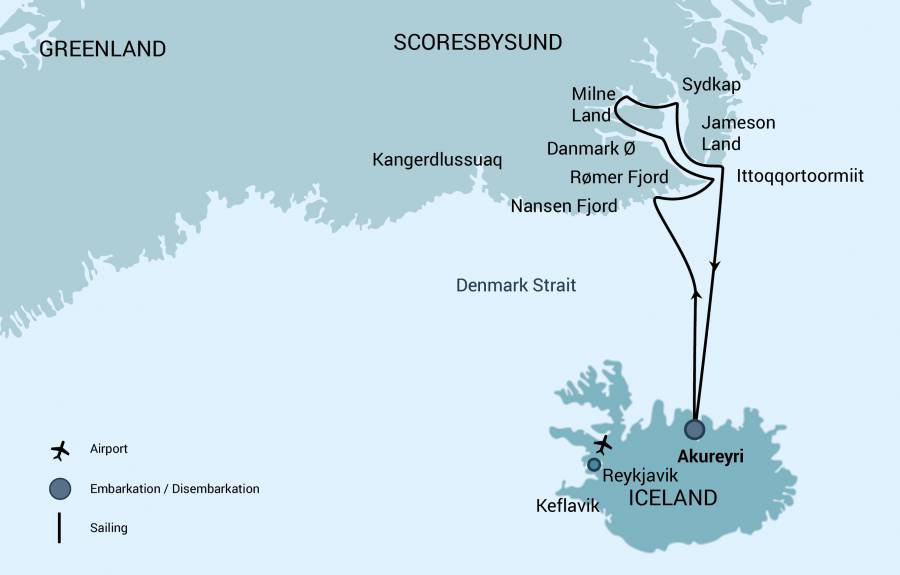 East Greenland, Scoresby Sund & Aurora Borealis route map