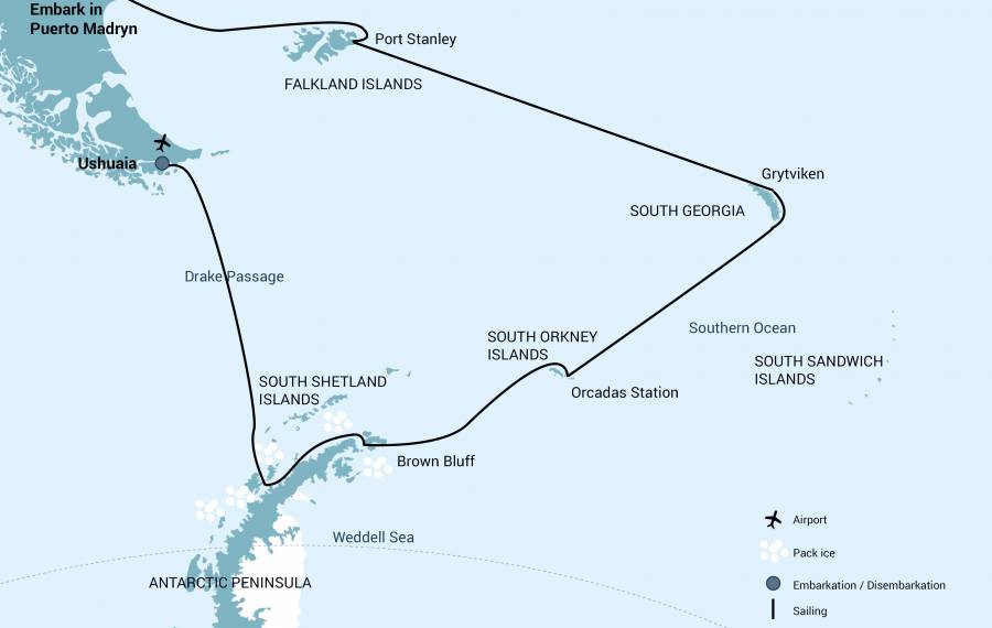 Falkland Islands - South Georgia - Antarctica route map
