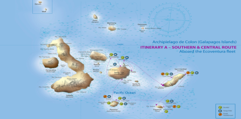 Beaches & Bays | Southern & Central Galapagos route map