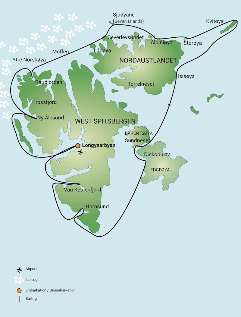 Around Spitsbergen and Kvitøya route map