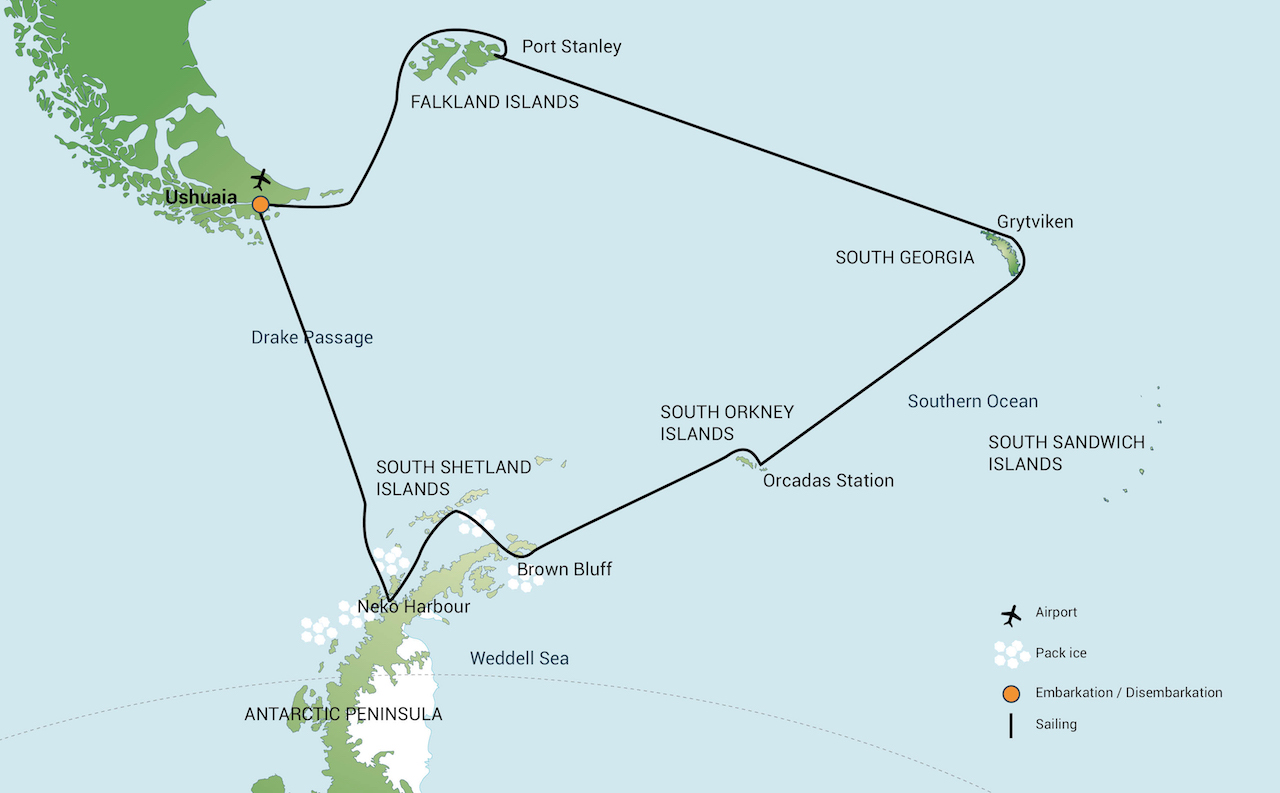 Falkland Islands, South Georgia & Antarctic Peninsula route map