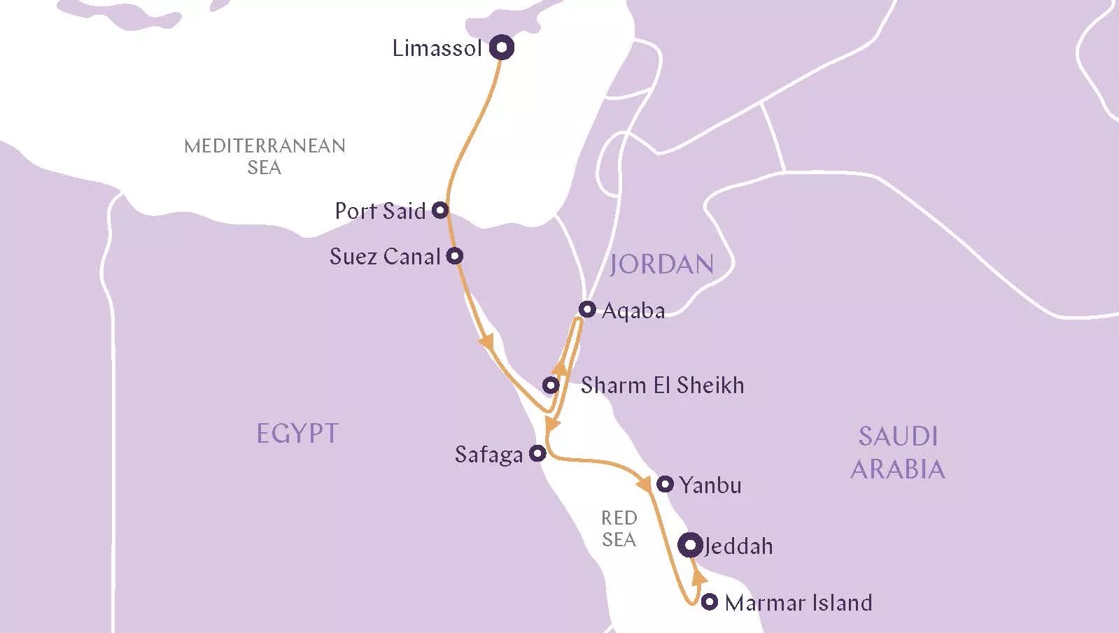 Holy Land, Suez Canal & Jordan: Limassol to Jeddah route map