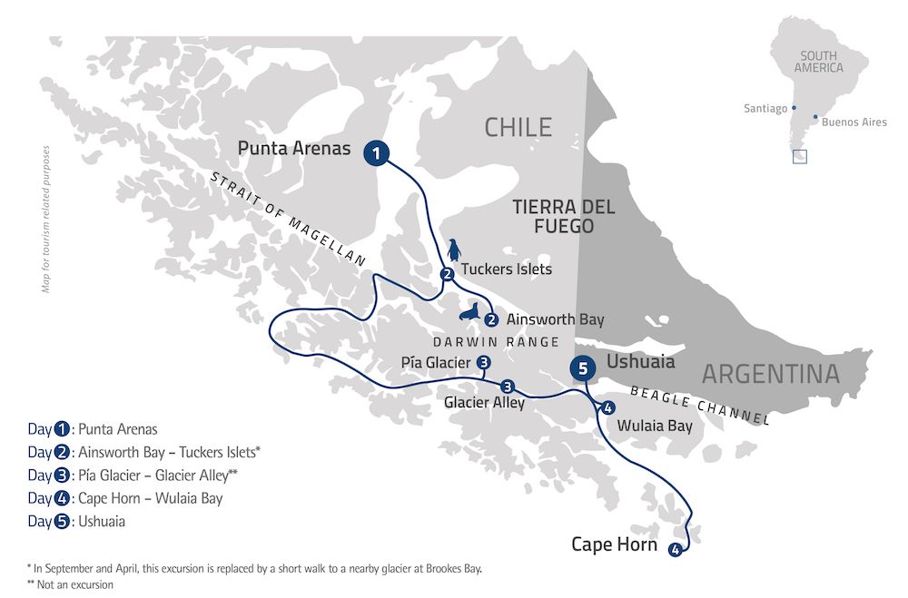 Fjords of Tierra Del Fuego route map